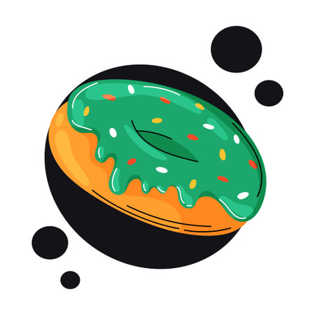 Colorful vector illustration featuring a donut. Playful, hand-drawn doodle style with bold outlines, bright colors, and a dark background.のイラスト素材