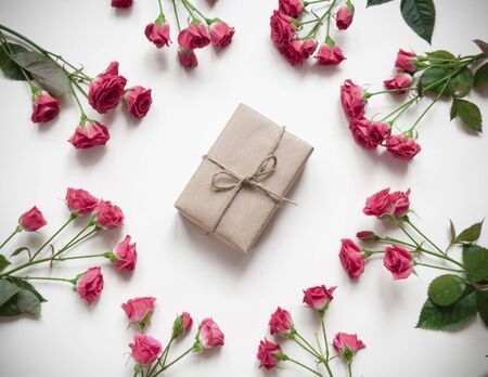 Mother's day. Women's day. Valentine's day, Birthday background. Fresh roses. Spring flat lay, top viewの写真素材