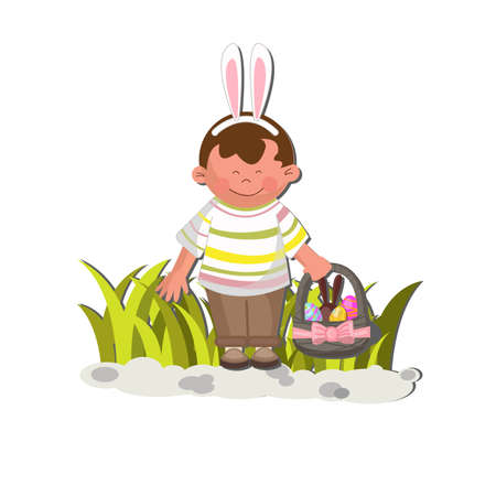 Vector easter post card with text greating Happy easter. Boy wears bunny ears on a green grass...