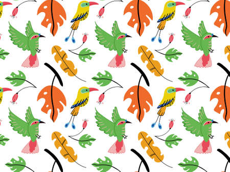 Vector pattern exotic birds and tropical leavesのイラスト素材