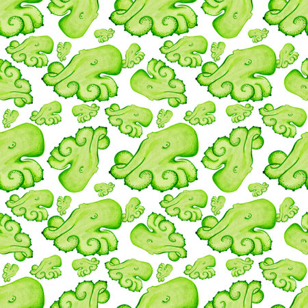 green hand drawn watercolor octopus seamless patternの写真素材