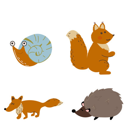 animals set of squirrel, hedgehog, fox, snail.のイラスト素材