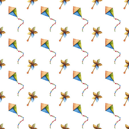 Kids toys pattern with kites and windmills.の写真素材