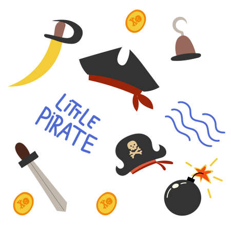 pirate paraphernalia saber, hook, coins, hat vectoのイラスト素材