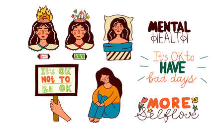 Mental health set. Depression, burn out, insomniaのイラスト素材