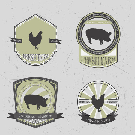 organic farm fresh. Vintage labels and badges with pig and chicken on grunge background. Hand drawn illustration posterのイラスト素材