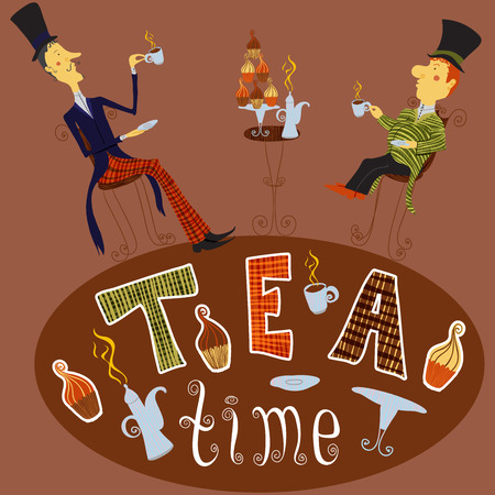 English man drinking tea. Vintage card tea elements collectionのイラスト素材
