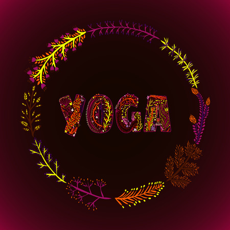 card with word yoga with frame from wreath floral ornamentのイラスト素材