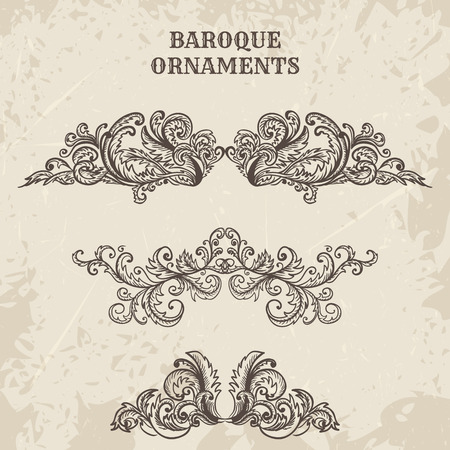 Antique and baroque cartouche ornaments  set. Vintage architectural details design elements on grunge background in sketch styleのイラスト素材