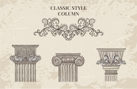 Antique and baroque classic style column set. Vintage architectural details design elements on grunge background in sketch styleのイラスト素材