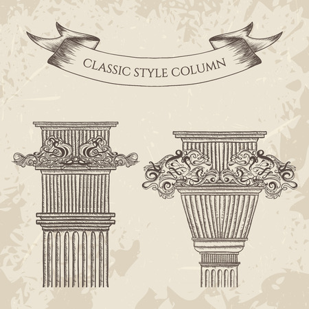 Antique and baroque classic style column  set. Vintage architectural details design elements on grunge background in sketch styleのイラスト素材