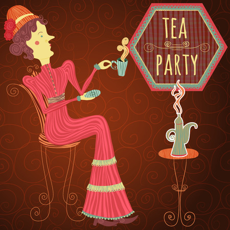 Vintage hand drawn cafe poster tea party cartoon woman drink teaのイラスト素材