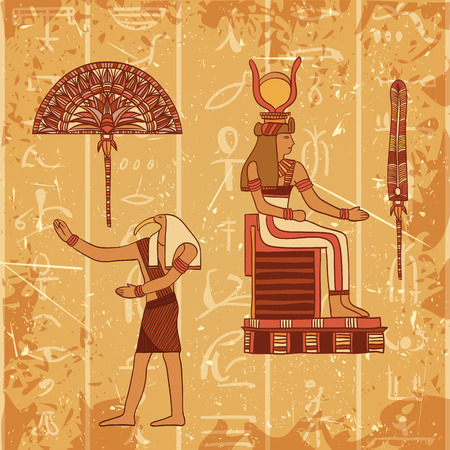 Vintage poster set with egyptian god, pharaoh, feather and fan on the grunge background with silhouettes of the ancient egyptian hieroglyphs. Retro hand drawn vector illustrationのイラスト素材
