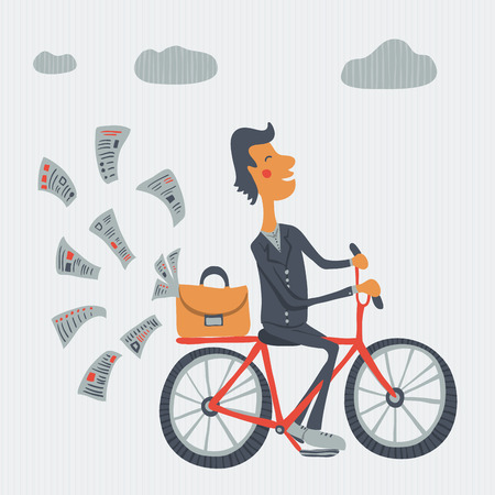 Businessman with briefcase riding a bike isolated in flat style. artoon retro vector illustrationのイラスト素材