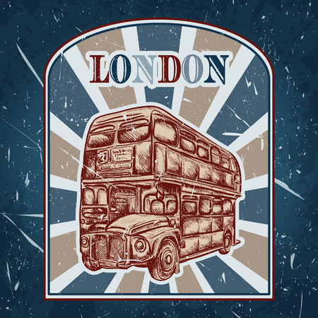 Vintage label with English bus on the grunge background. Retro hand drawn vector illustration poster in sketch style 'I love london'のイラスト素材