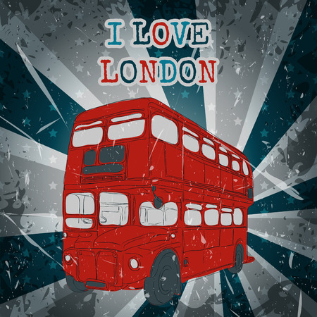 Vintage label with English bus on the grunge background. Retro hand drawn vector illustration poster in sketch style 'I love london'のイラスト素材