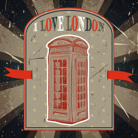 Vintage label with london telephone box on the grunge background. Retro hand drawn vector illustration poster in sketch style 'I love london'のイラスト素材