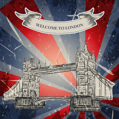 Vintage poster with Tower Bridge on the grunge background. Retro hand drawn vector illustration in sketch style 'I love London'のイラスト素材