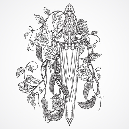 Medieval Sword Roses Leaves Feathers And Ribbon Banner On Aged
