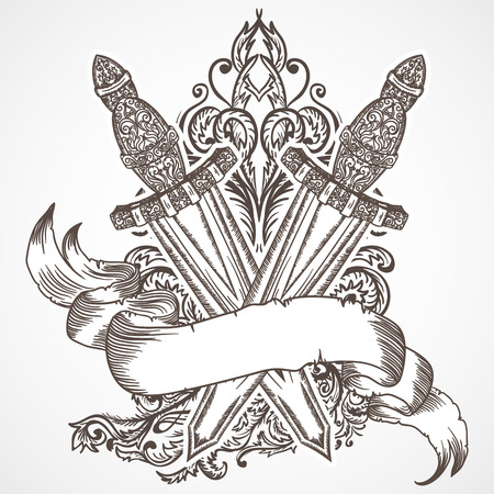 Medieval sword with ribbon banner and floral ornament. Vintage floral highly detailed hand drawn illustration. Isolated elements. Victorian Motif. Tattoo designのイラスト素材