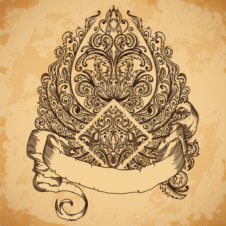 Hand drawn vintage ornate wings with ribbon banner for your text. Copy space for message. Tattoo element. Heraldry and logo concept art. Isolated vector illustration in line art style.のイラスト素材