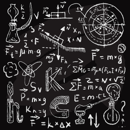 Physical formulas, graphics and scientific calculations on chalkboard. Vintage hand drawn illustration laboratory seamless patternのイラスト素材