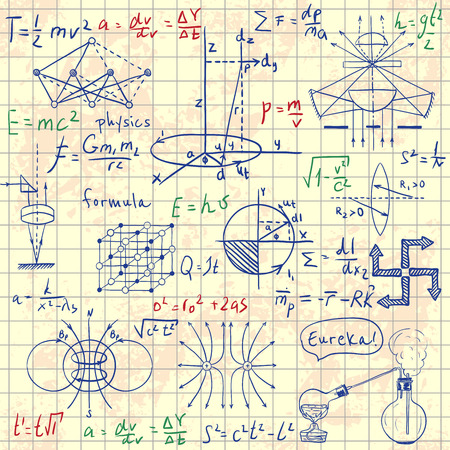 Back to School: science lab objects doodle vintage style sketches seamless pattern, vector illustration.のイラスト素材