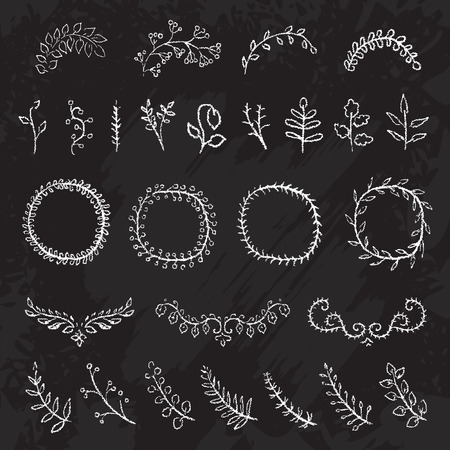 Hand Drawn Vintage Chalkboard Nature Vector Elements. Set of chalk flowers, branches and wreathsのイラスト素材
