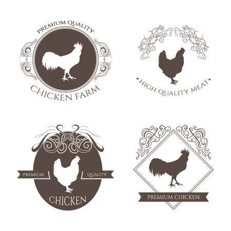 Set chicken and rooster farm logo emblem with calligraphic decorative elements. Natural and fresh farm. Retro stock vector illustrationのイラスト素材