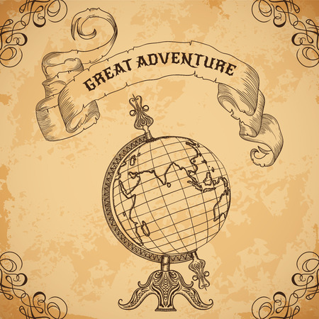 Poster with vintage globe and ribbon. Retro hand drawn vector illustration "Great adventure" in sketch style with grunge background old paperのイラスト素材