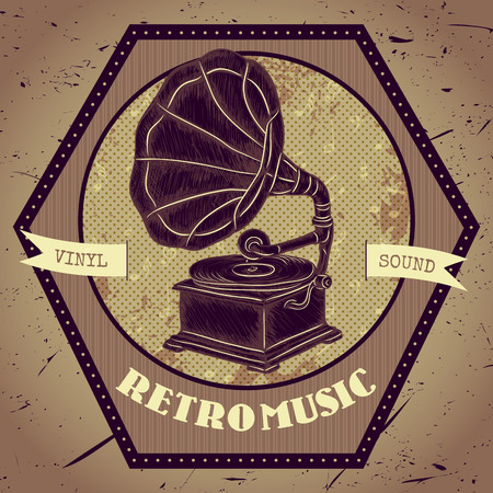 Poster with vintage gramophone. Retro hand drawn vector illustration lable retro music in sketch style with grunge backgroundのイラスト素材