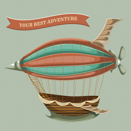 Cartoon steampunk styled flying airship with balloon, wings and propeller. illustration in retro colors. Your best adventure vintage posterのイラスト素材