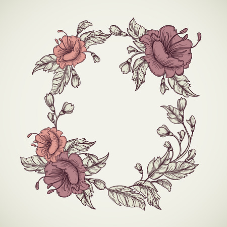 Vintage floral highly detailed hand drawn bouquet of flowers located in elliptical form frame.Retro banner, invitation, wedding card, scrap booking. Isolated objects. Stock vector illustrationのイラスト素材