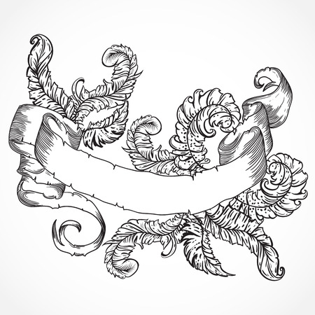 Collection of feathers and ribbon banner .Vintage set of black and white hand drawn tattoo design element. Isolated vector illustration. Retro invitation, card, print, t-shirt, postcard, poster.のイラスト素材