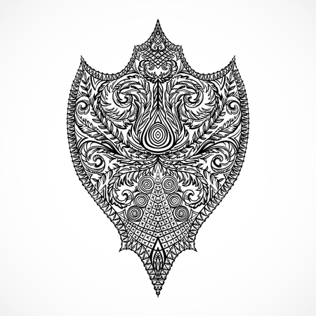 Ornate medieval shield. Vintage floral highly detailed hand drawn illustration. Victorian Motif. Tattoo designのイラスト素材
