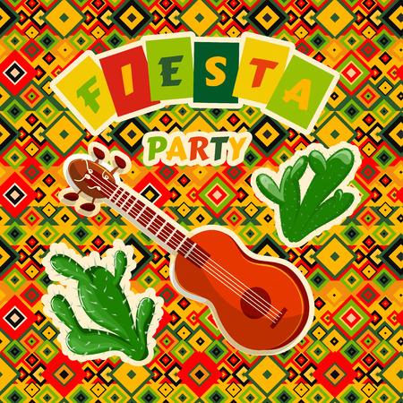 Mexican Fiesta Party poster with mexican guitar and cactuses. Flyer or greeting card template with geometric background. Vector illustrationのイラスト素材