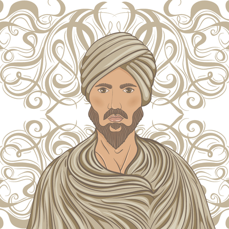 Handsome arabian man with mustache and beard in a turban over ornate pattern. Retro hand drawn vector illustrationのイラスト素材