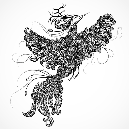 Decorative paradise bird ith antlers. Hand drawn outline doodle illustration. Ornate bird decorated with abstract ornaments. Tattoo design, retro invitation, card, print, t-shirt, postcardのイラスト素材