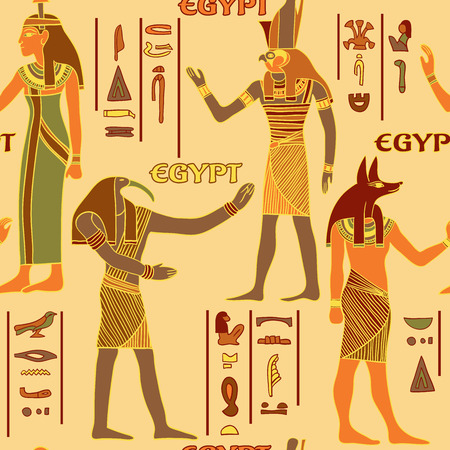 Vintage seamless pattern with egyptian gods and ancient egyptian hieroglyphs. Retro hand drawn vector illustrationのイラスト素材