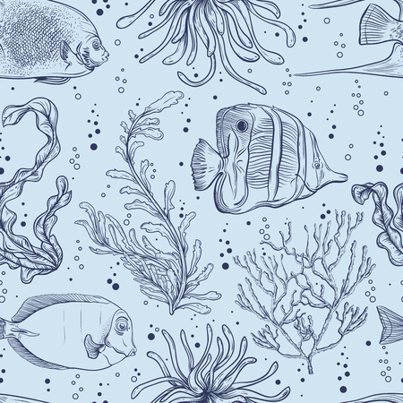 Seamless pattern with tropical fish, marine plants and seaweed. Vintage hand drawn vector illustration marine life. Design for summer beach, decorations, print, pattern fill, web surface backgroundのイラスト素材