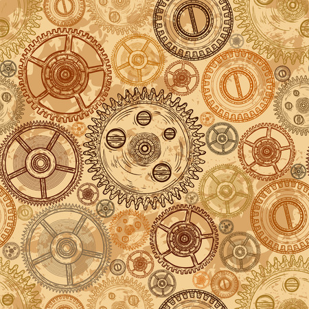 Vintage seamless pattern with gears of clockwork on aged paper background. Retro hand drawn vector illustration.のイラスト素材