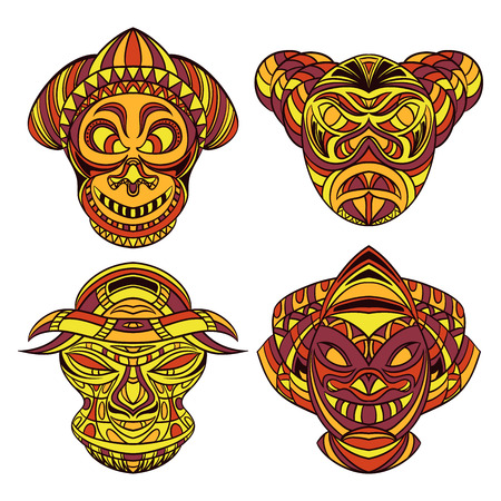 Tribal mask. Collection of masks with ethnic geometric ornament. Hand drawn vector illustrationのイラスト素材