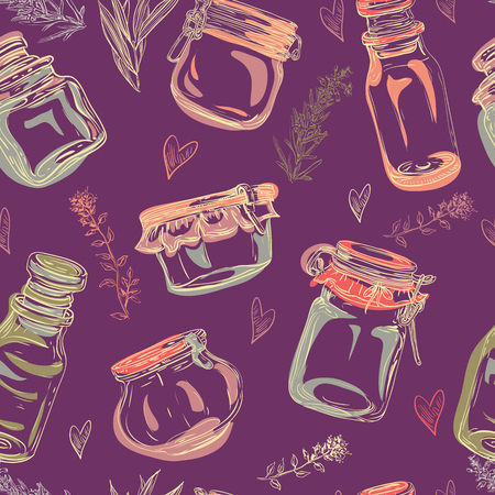 Retro seamless pattern with glass jars, hearts and branches of herbs. Vintage hand drawn vector illustration in sketch styleのイラスト素材