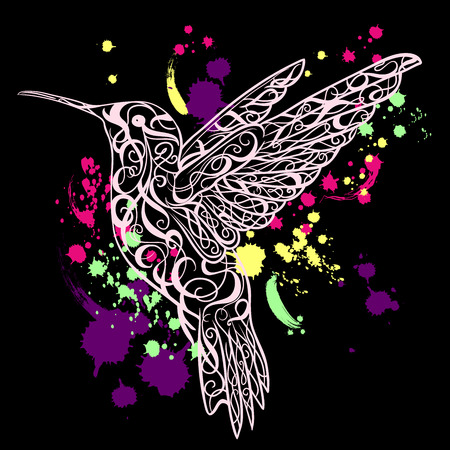 Hummingbird with splashes color. Tattoo or print art. Retro banner, invitation, card, scrap booking. t-shirt, bag, postcard, poster.Highly detailed vintage style hand drawn vector illustrationのイラスト素材