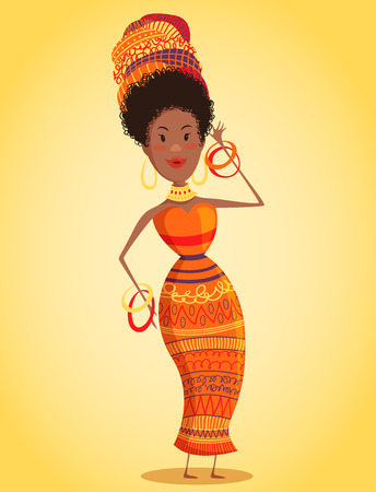Cartoon beautiful African woman in turban and traditional costume with ethnic geometric ornament full length. Hand drawn vector illustrationのイラスト素材