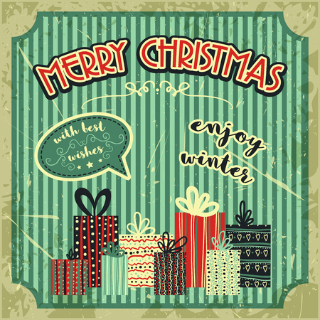 Vintage Christmas Card with christmas gifts boxes and text. Retro hand drawn vector illustration.のイラスト素材
