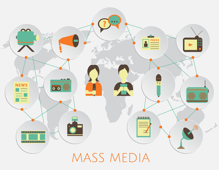 Mass media journalism news concept flat business icons of newspaper paparazzi profession live radio for infographics design web elements with a background map of the worldのイラスト素材