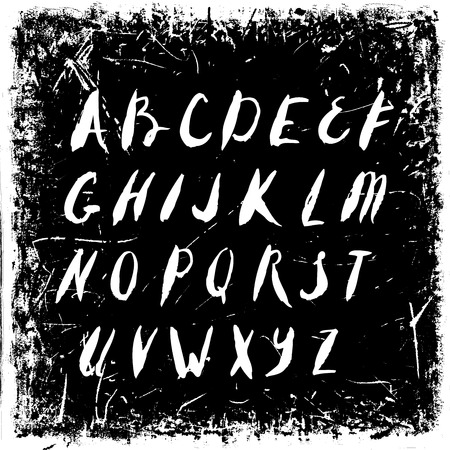 Vector hand drawn alphabet isolated on black grunge retro background texture.のイラスト素材