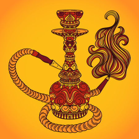 Hookah with oriental ornament and smoke.Vintage colorful vector hand drawn illustrationのイラスト素材