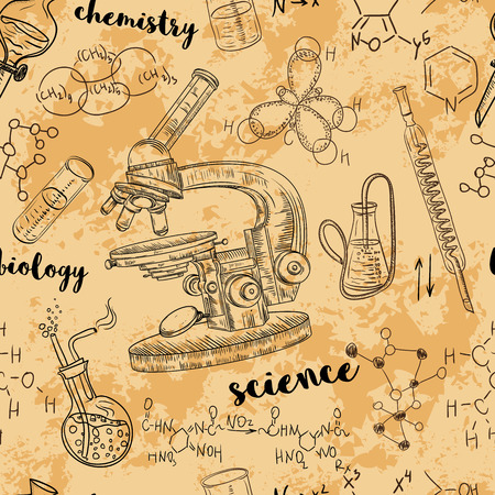 Vintage seamless pattern old chemistry laboratory with microscope, tubes and formulas. Vector retro hand drawn illustration in sketch styleのイラスト素材